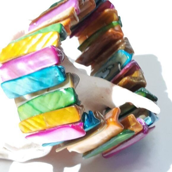 Rainbow MOP Shell Bracelet Stretch Cuff Pride Boho - Picture 2 of 6